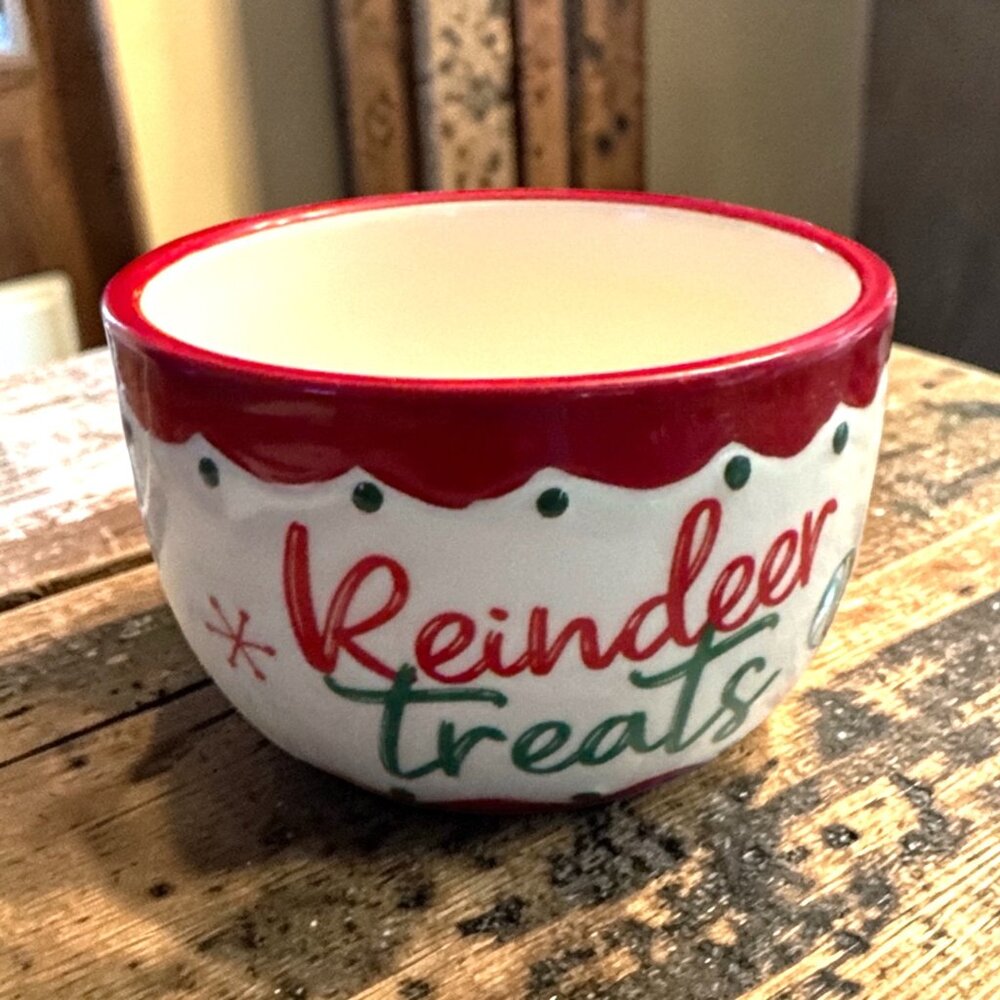 Reindeer Treats Ceramic Holiday Bowl Red & White Festive Design